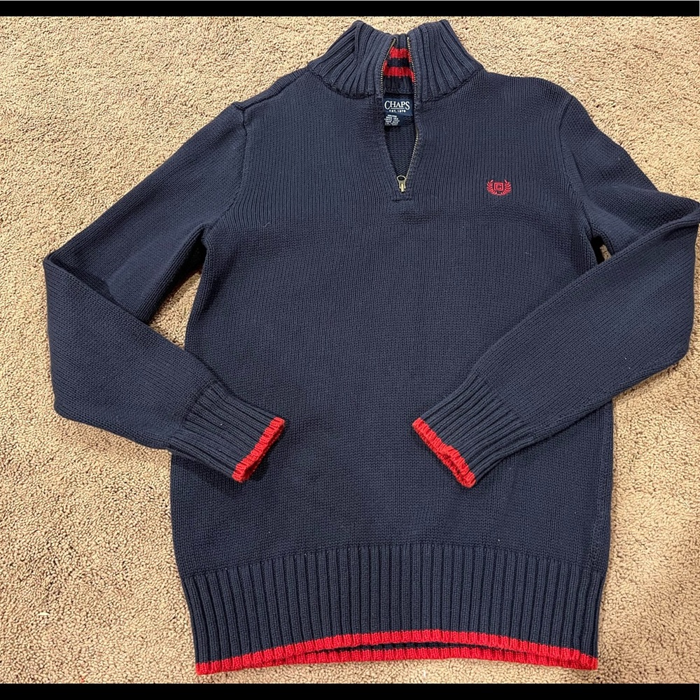 Boys Chaps blue sweater with red edging, size M 10/12